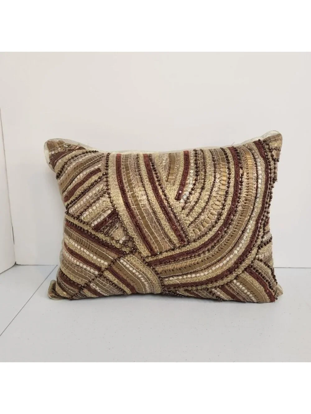 Pier 1 Brown Gold Beaded Sequin Throw Pillow Rectangle Home Decor